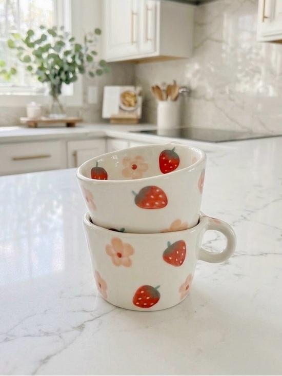 Boutique Other - Set of 2 NWOT Hand Painted Ceramic Strawberry & Flower Mugs